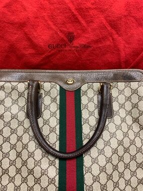 Vintage Auth Gucci Monogram Canvas Sherry Line green red Tote w dustbag
